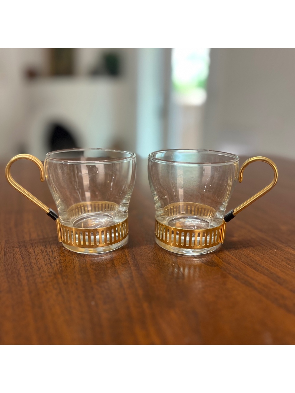 1960s Libbey Continental Glass Espresso Mugs Brass Base Set 2